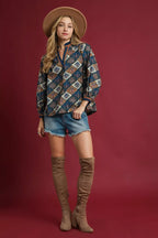 Umgee Abstract Print Ruffle Neck Top