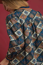 Umgee Abstract Print Ruffle Neck Top