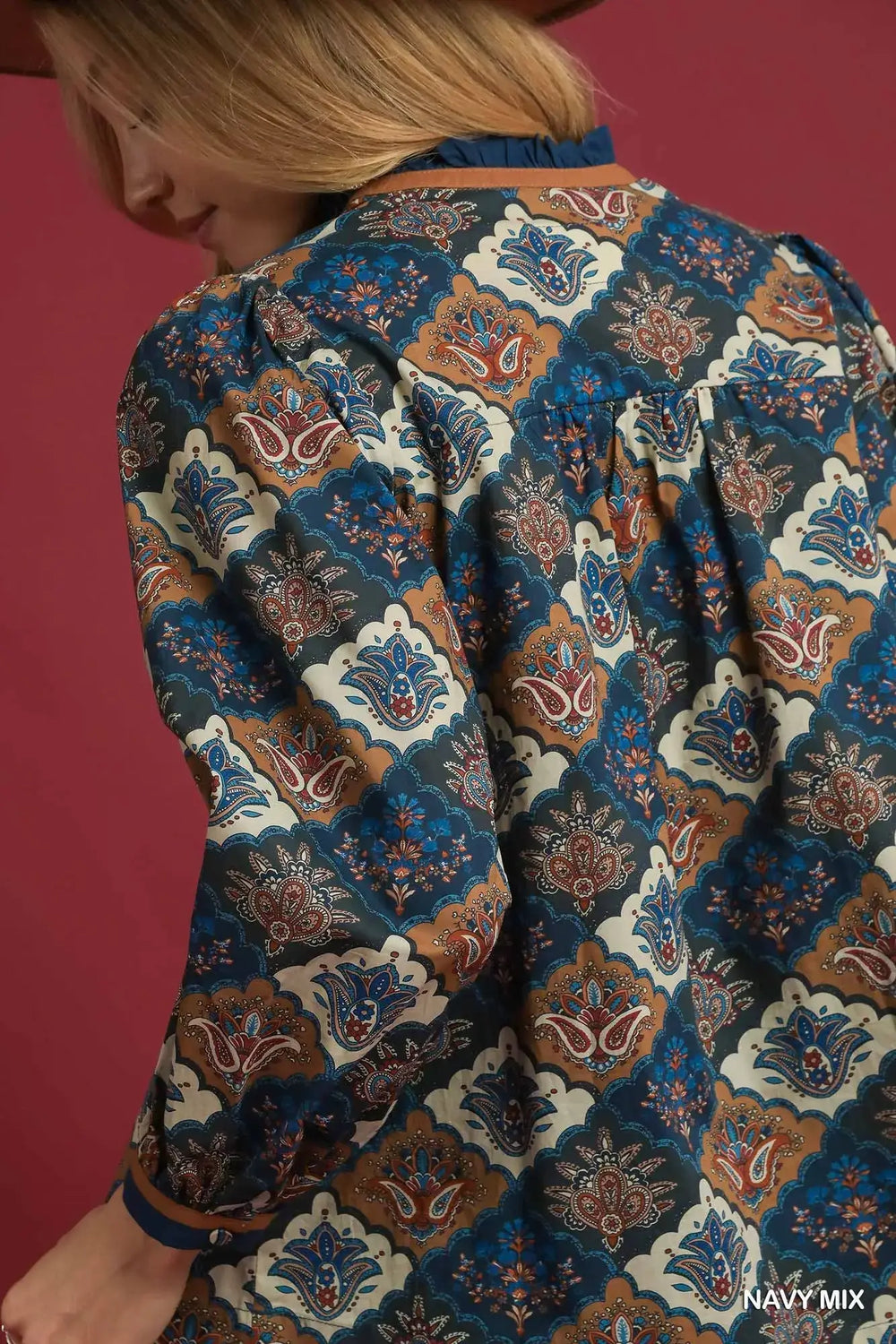 Umgee Abstract Print Ruffle Neck Top