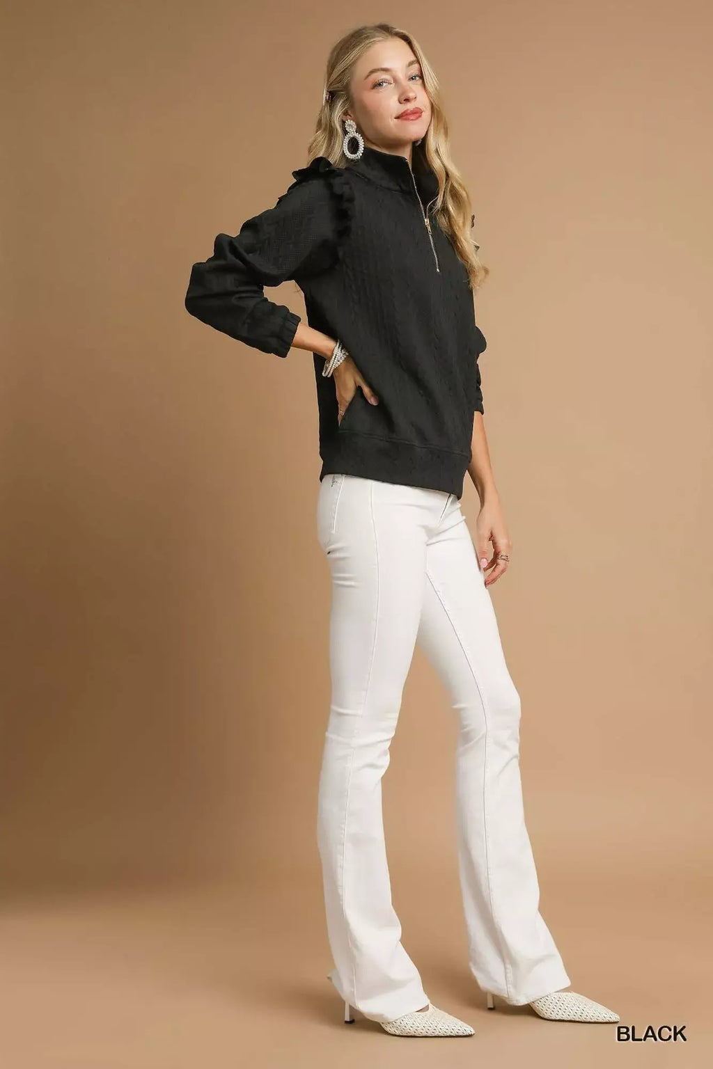 Umgee Cable Knit Textured Pullover with Ruffle Shoulders