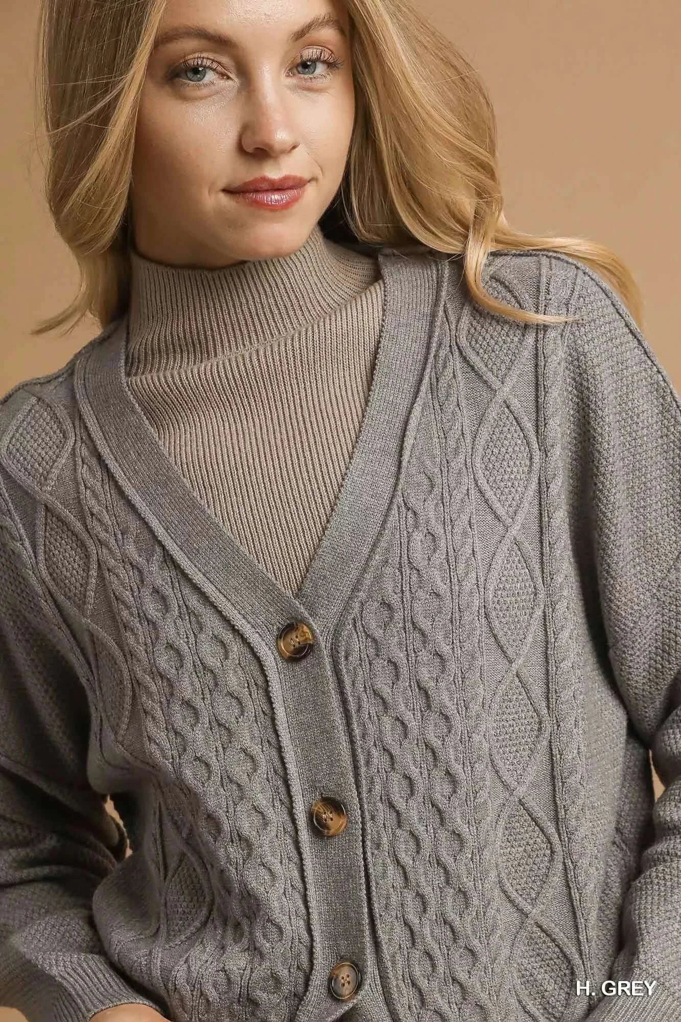 Umgee Chunky Cable Knit V-Neck Button-Up Cardigan