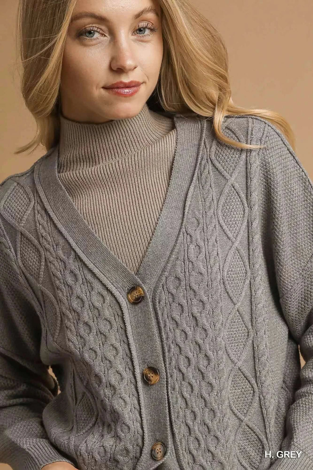 Umgee Chunky Cable Knit V-Neck Button-Up Cardigan