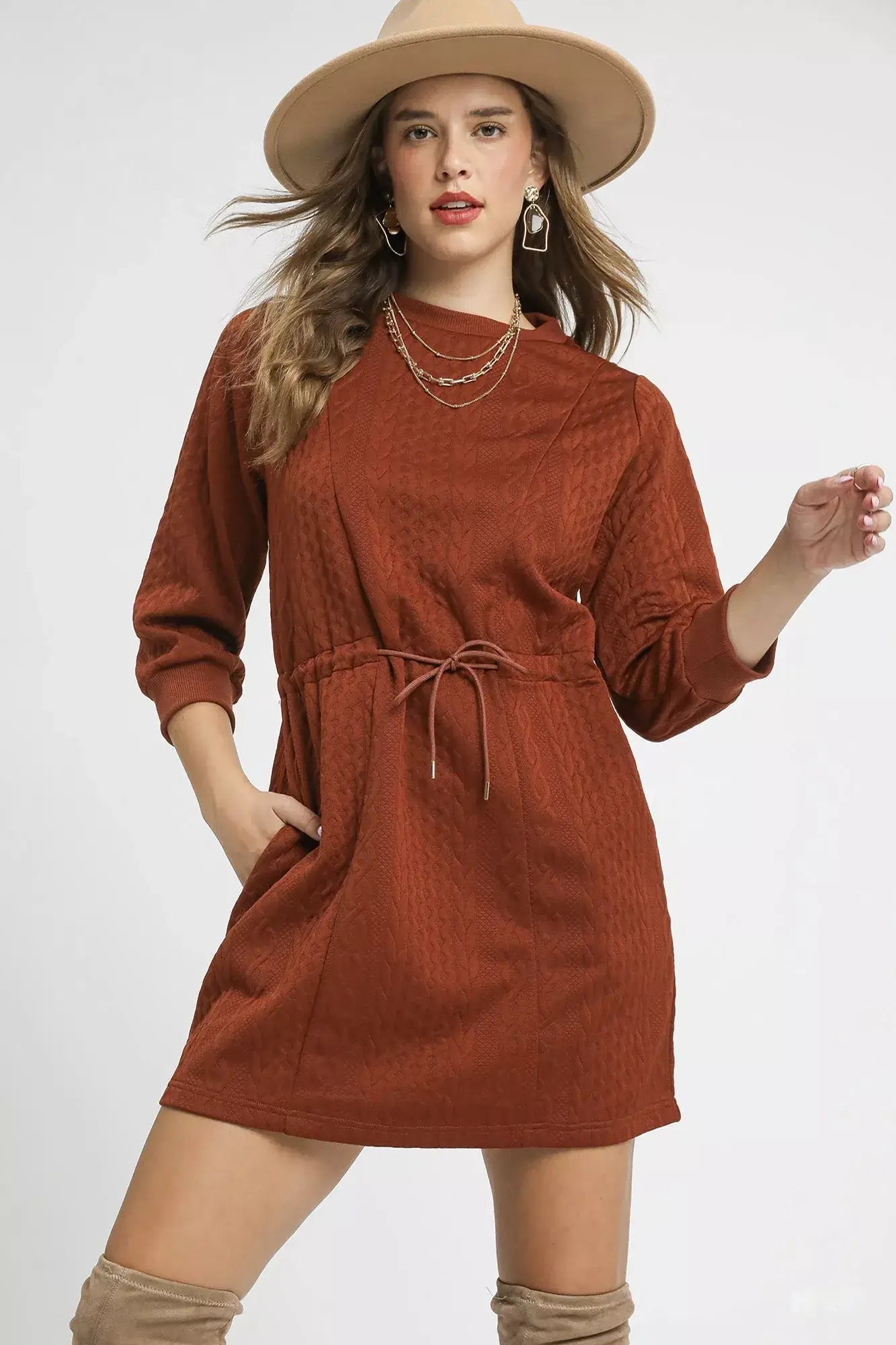 Umgee Drawstring Cable Knit Mini Dress with Pockets