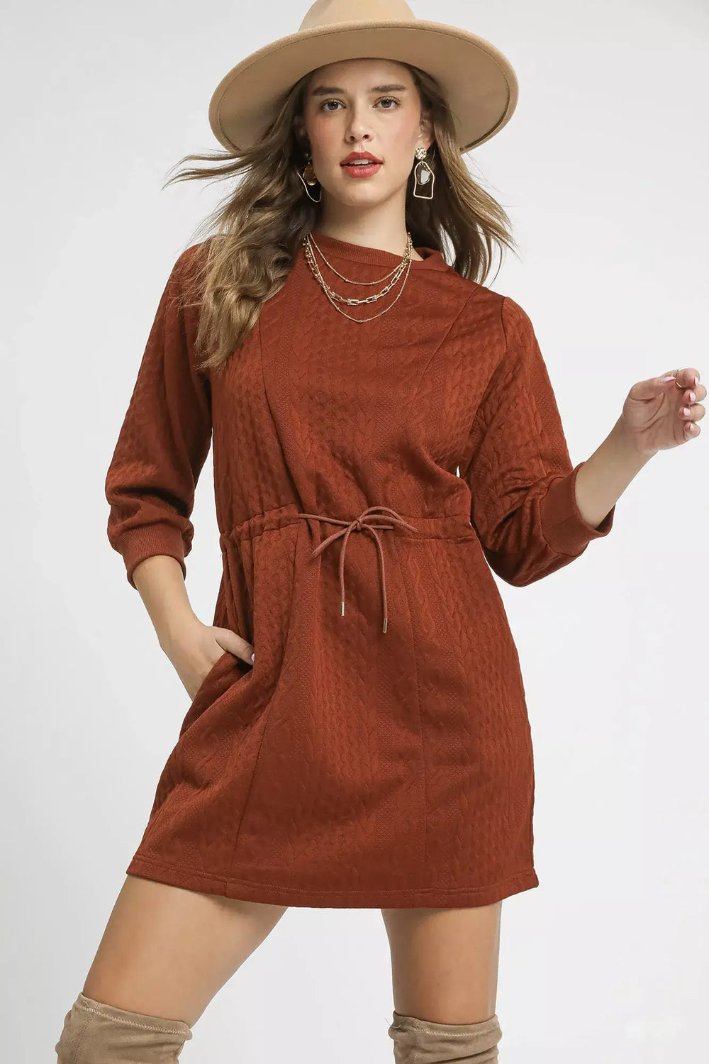 Umgee Drawstring Cable Knit Mini Dress with Pockets
