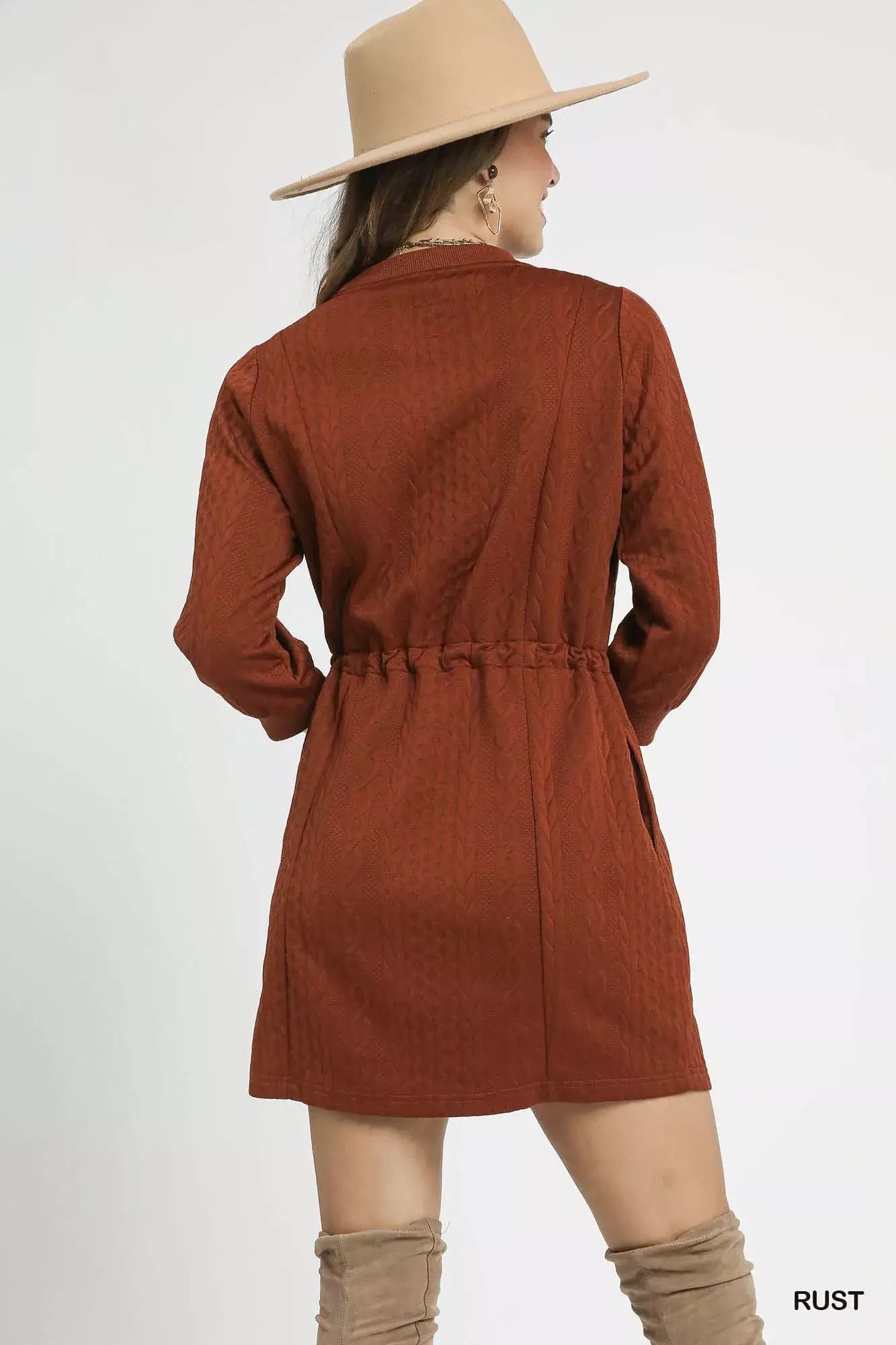 Umgee Drawstring Cable Knit Mini Dress with Pockets