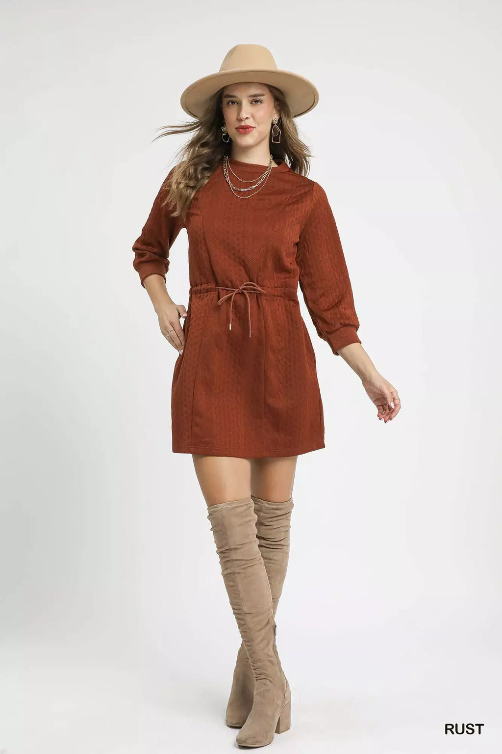 Umgee Drawstring Cable Knit Mini Dress with Pockets