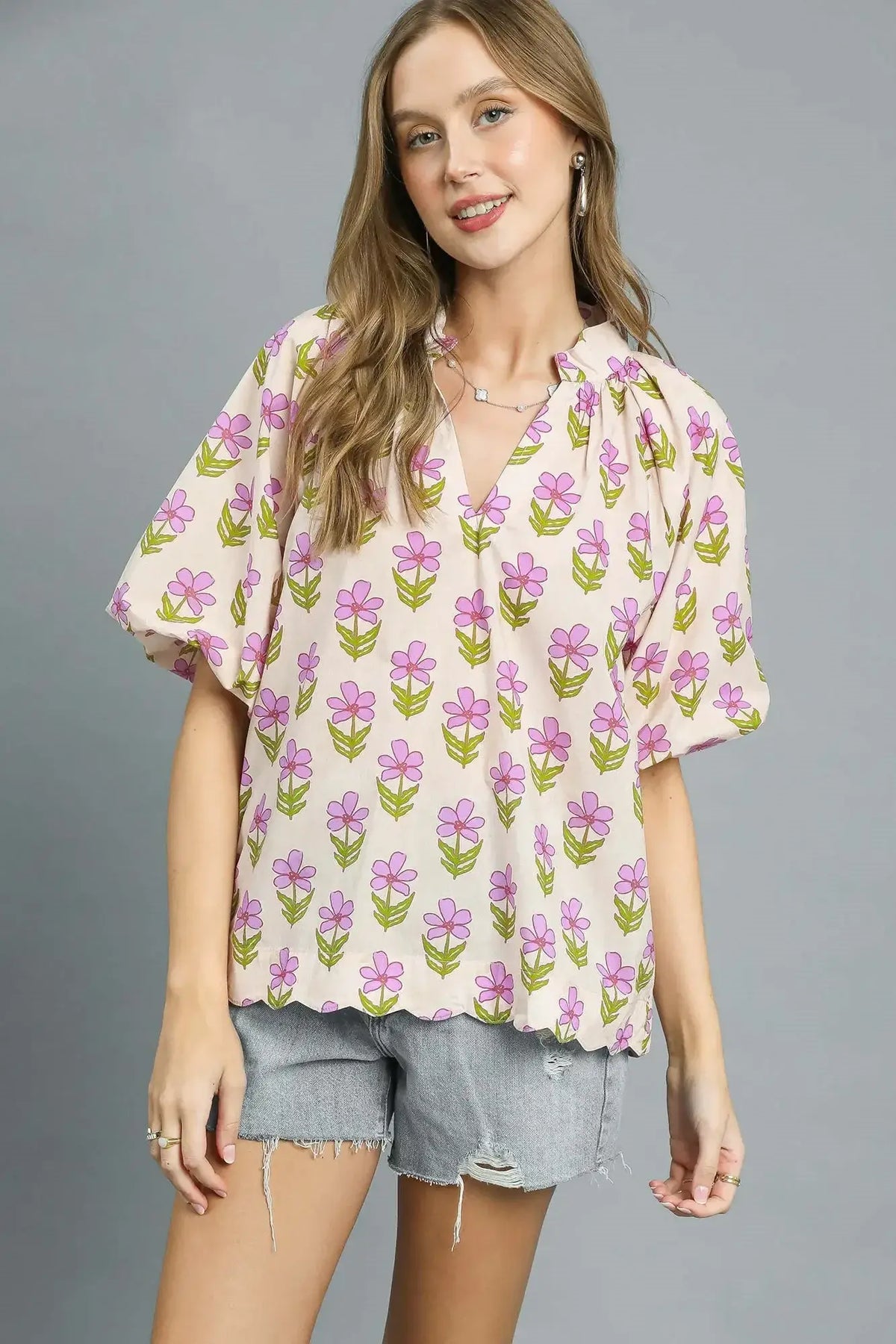 Umgee Floral Print Puff Sleeve Blouse