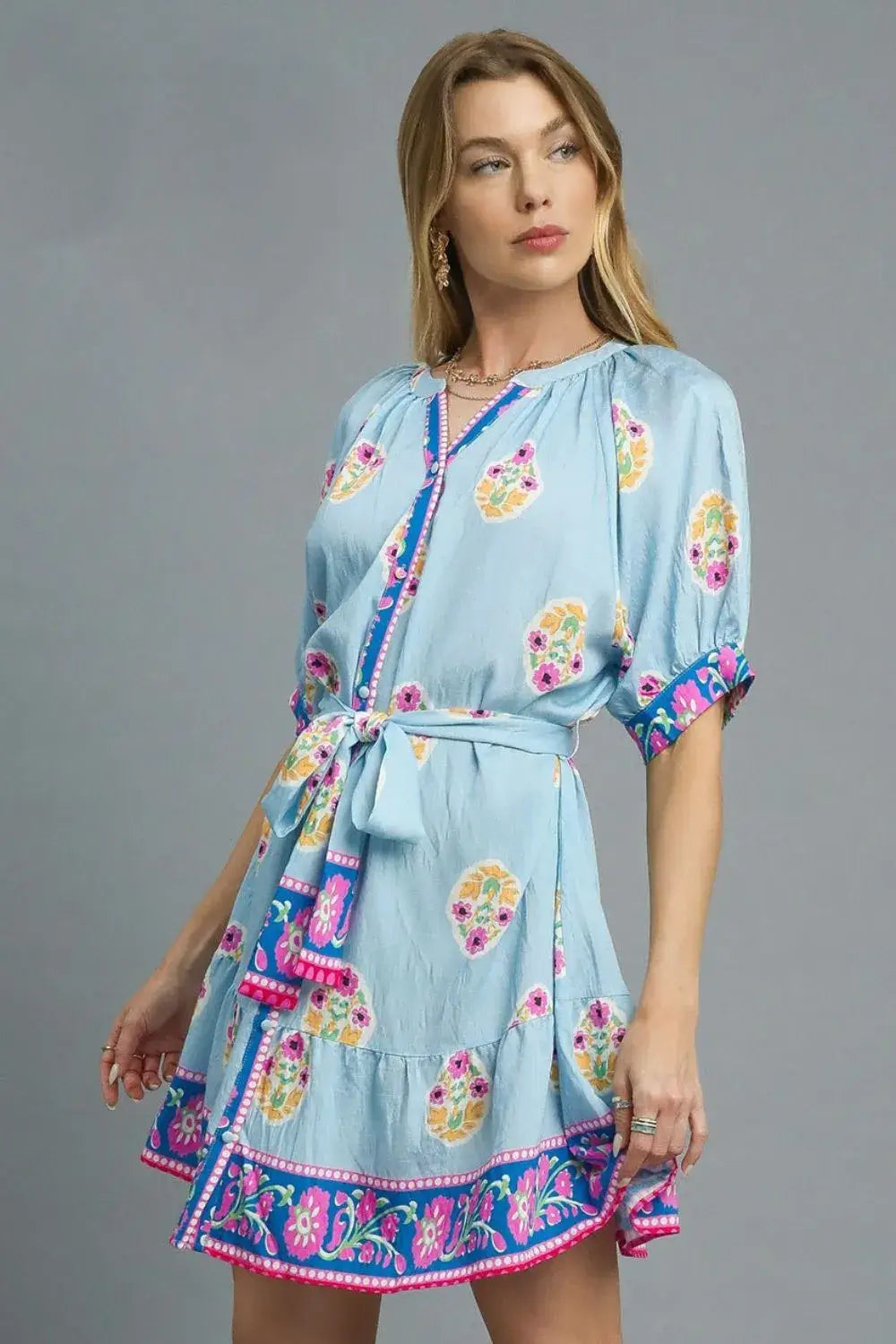 Umgee Floral Print Tie Waist Short Sleeve Dress