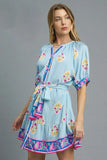 Umgee Floral Print Tie Waist Short Sleeve Dress