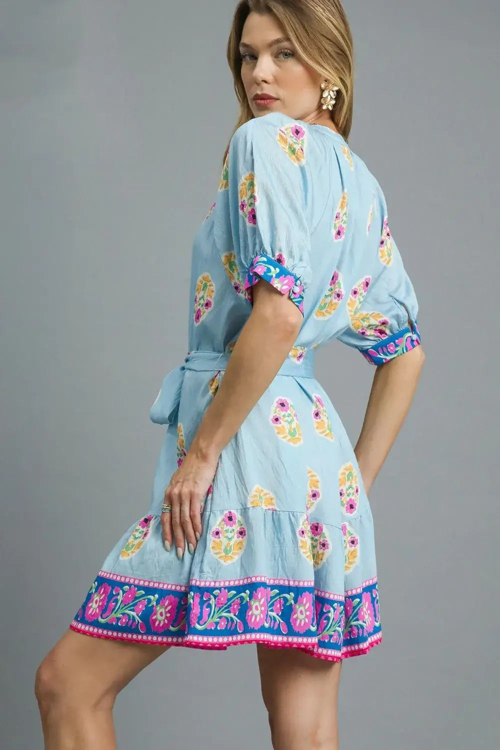 Umgee Floral Print Tie Waist Short Sleeve Dress