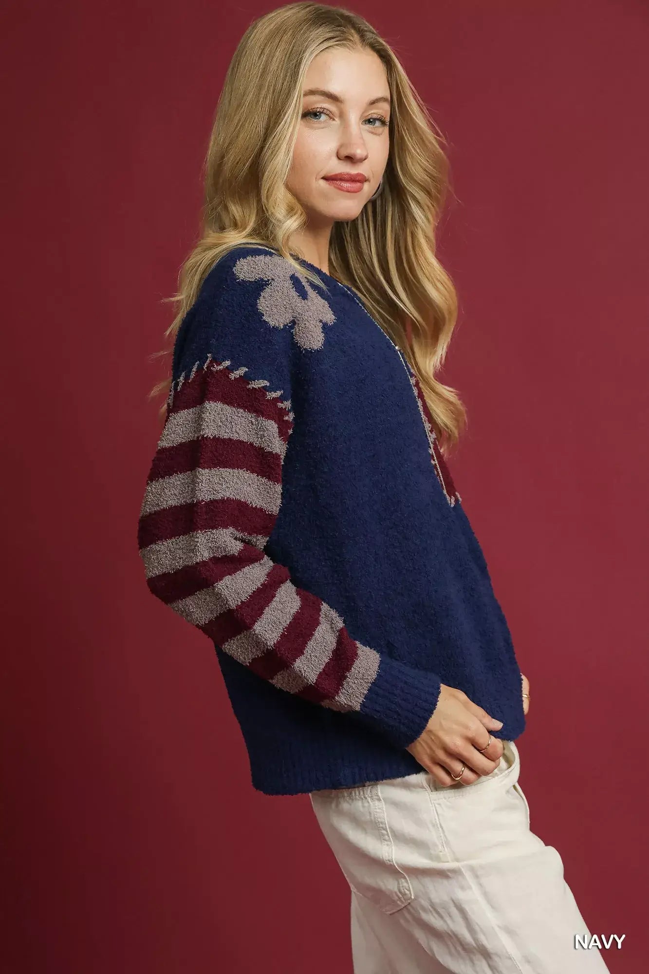 Umgee Flower Jacquard Striped Long Sleeve Sweater