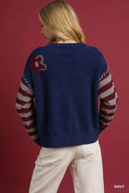 Umgee Flower Jacquard Striped Long Sleeve Sweater