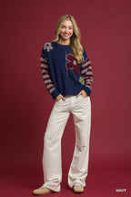 Umgee Flower Jacquard Striped Long Sleeve Sweater