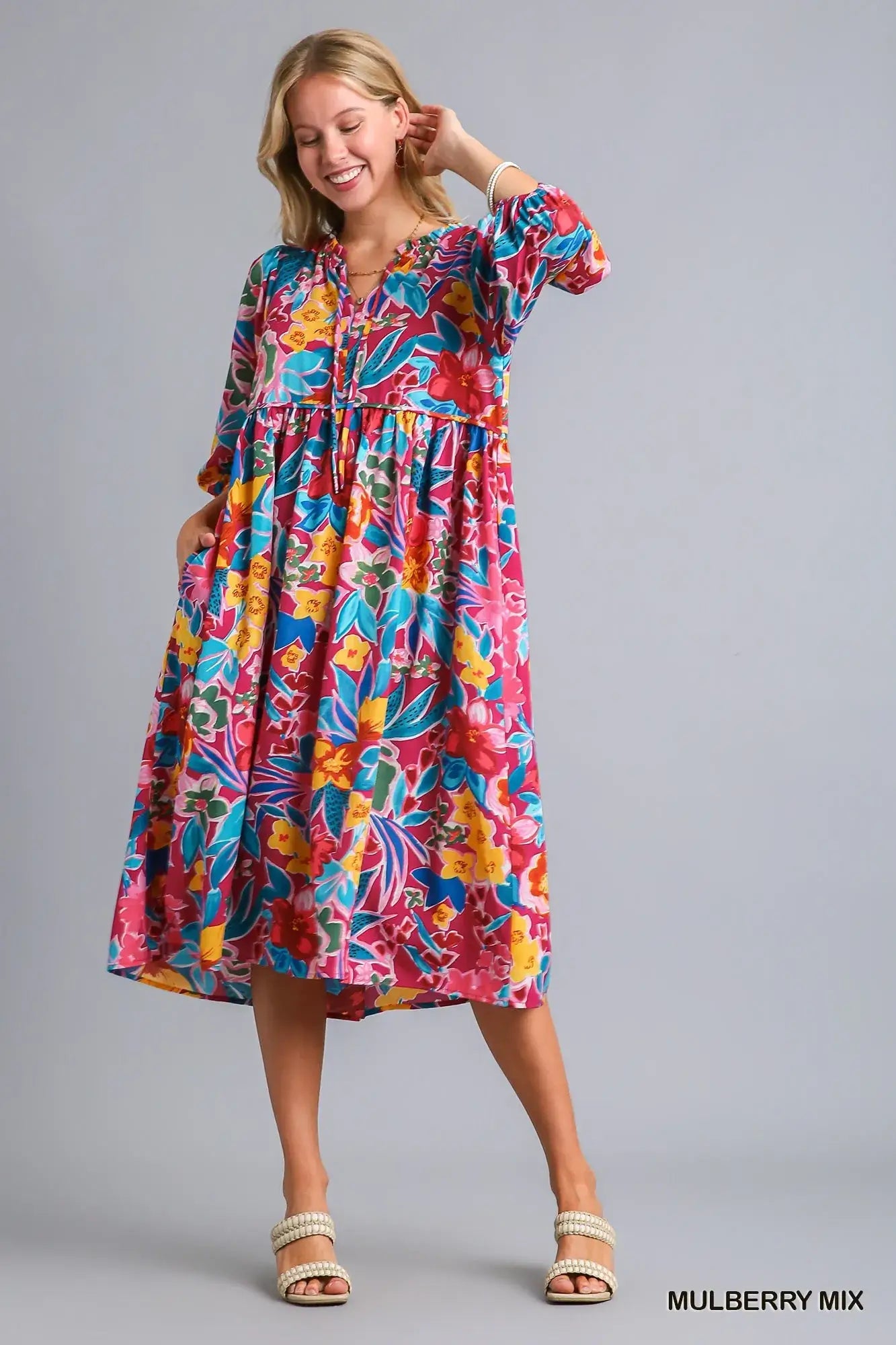 Umgee Full Size Floral Print Tie Neck Midi Dress with Pockets Plus Size