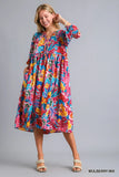 Umgee Full Size Floral Print Tie Neck Midi Dress with Pockets Plus Size