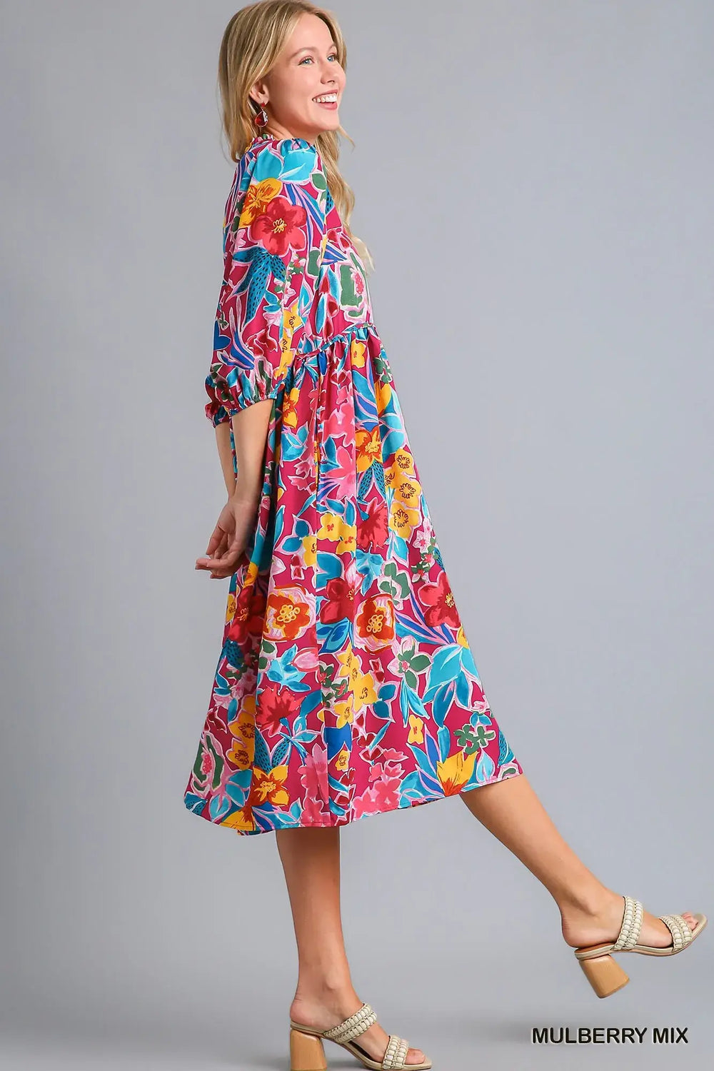 Umgee Full Size Floral Print Tie Neck Midi Dress with Pockets Plus Size