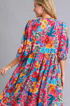 Umgee Full Size Floral Print Tie Neck Midi Dress with Pockets Plus Size