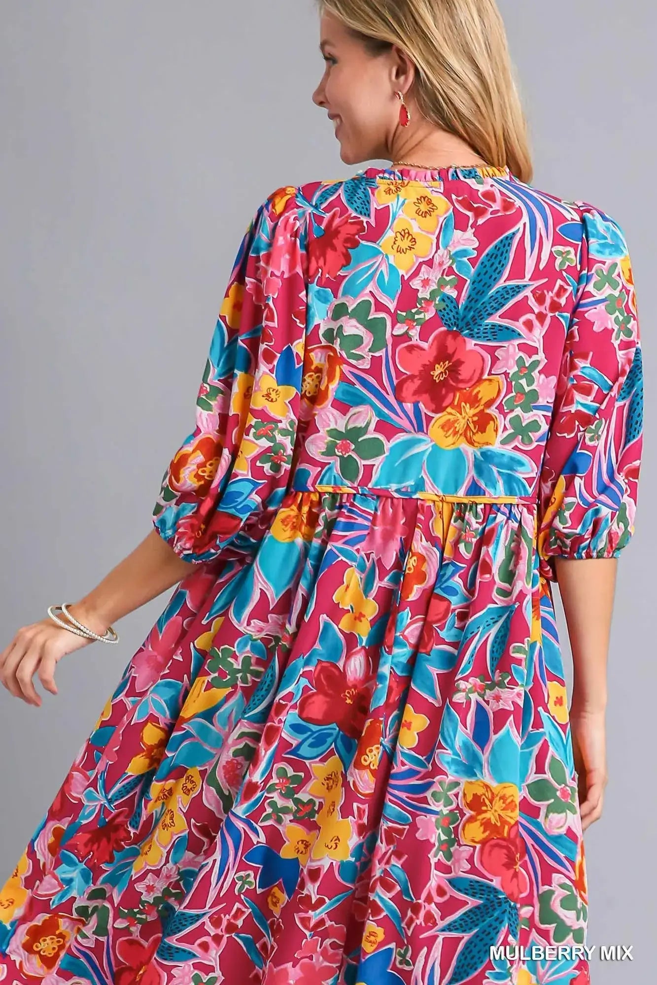 Umgee Full Size Floral Print Tie Neck Midi Dress with Pockets Plus Size