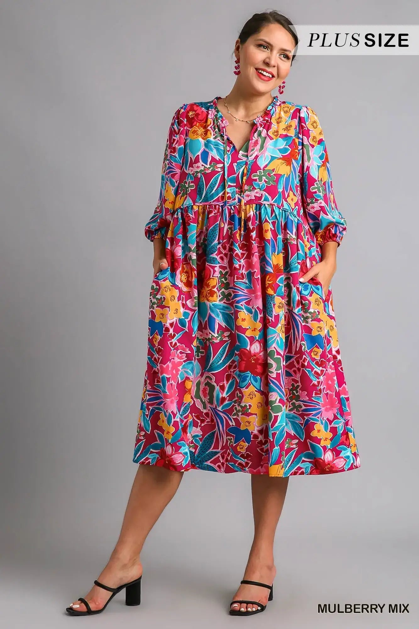 Umgee Full Size Floral Print Tie Neck Midi Dress with Pockets Plus Size
