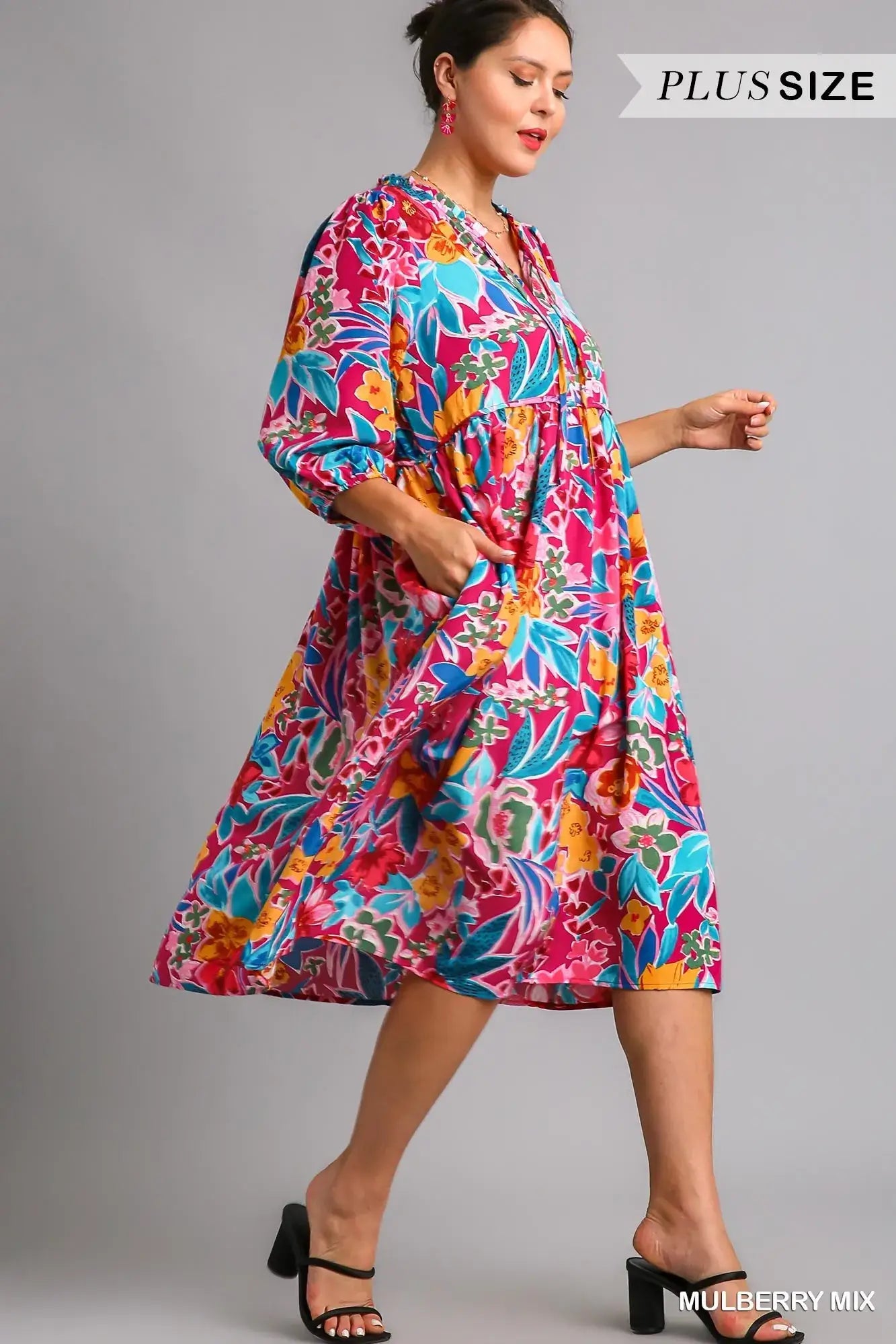 Umgee Full Size Floral Print Tie Neck Midi Dress with Pockets Plus Size