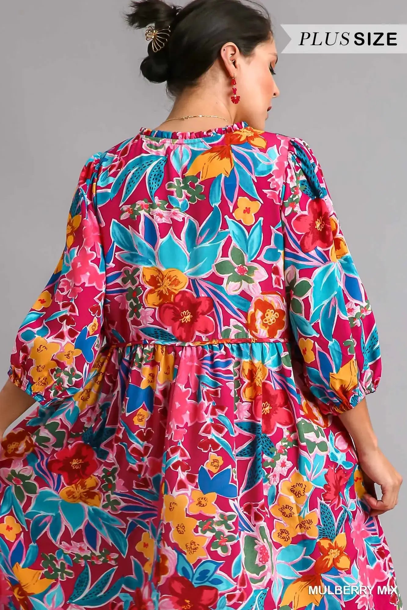 Umgee Full Size Floral Print Tie Neck Midi Dress with Pockets Plus Size