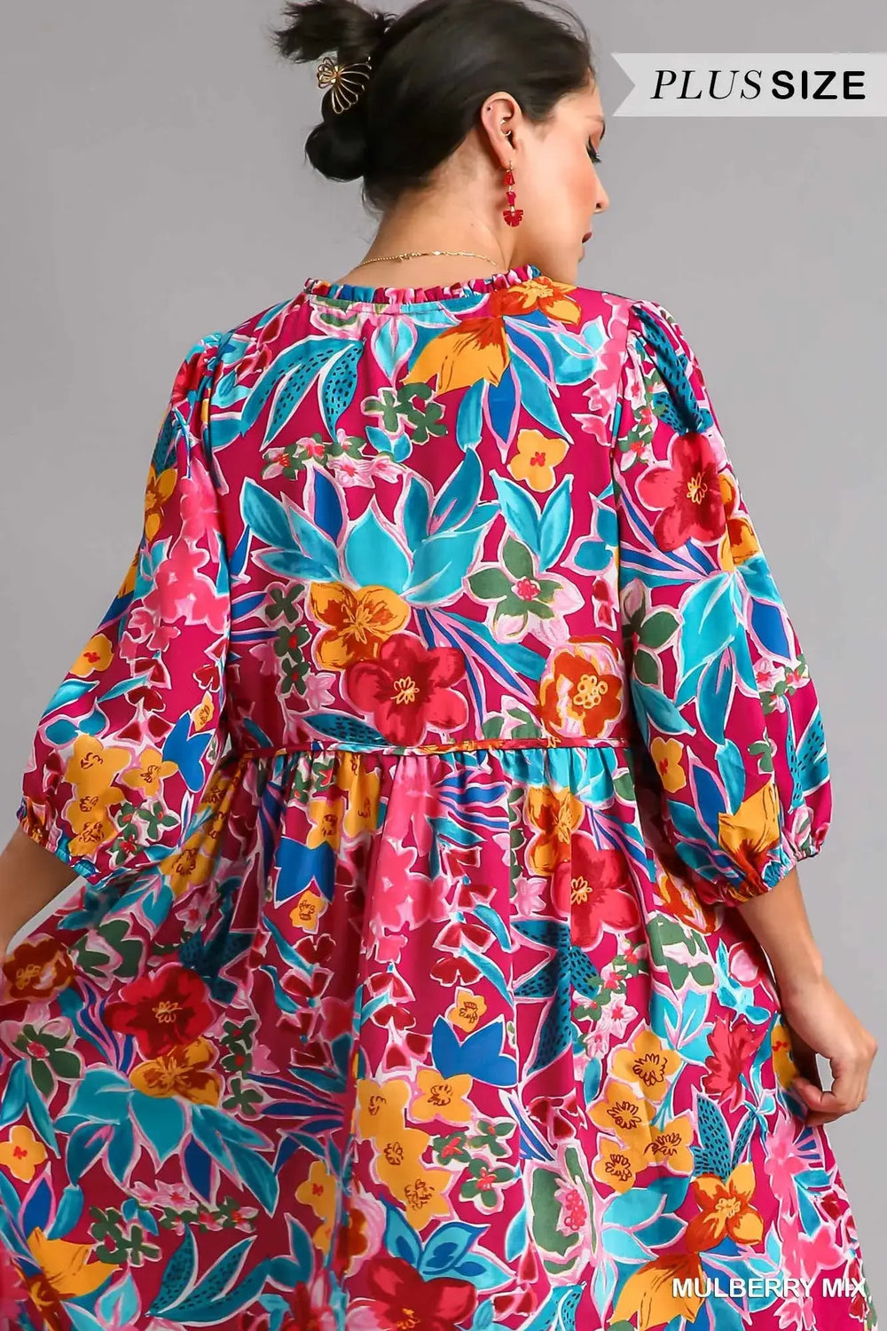 Umgee Full Size Floral Print Tie Neck Midi Dress with Pockets Plus Size