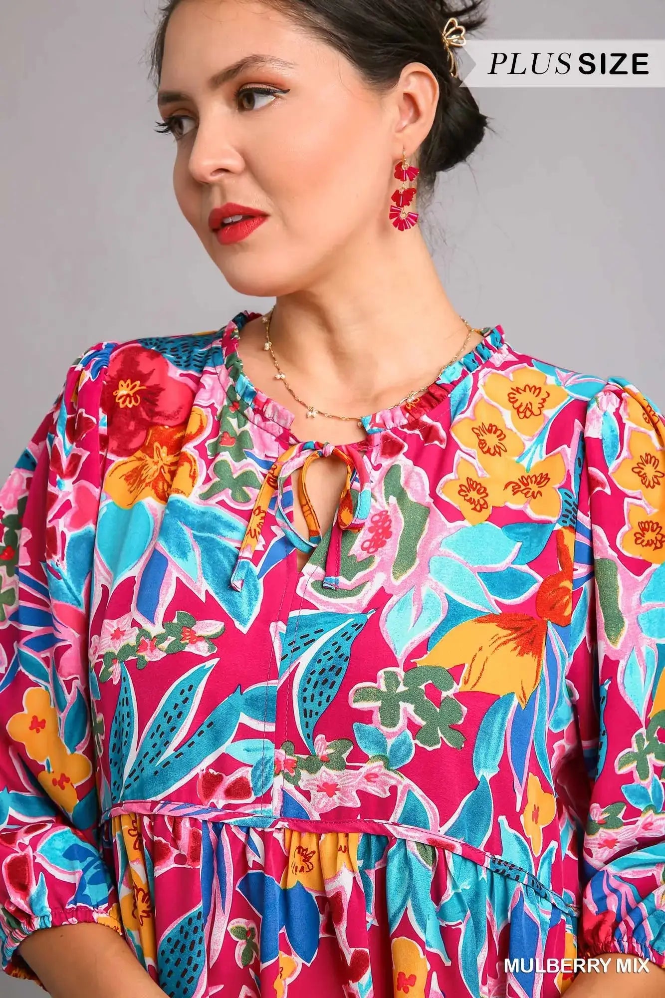 Umgee Full Size Floral Print Tie Neck Midi Dress with Pockets Plus Size