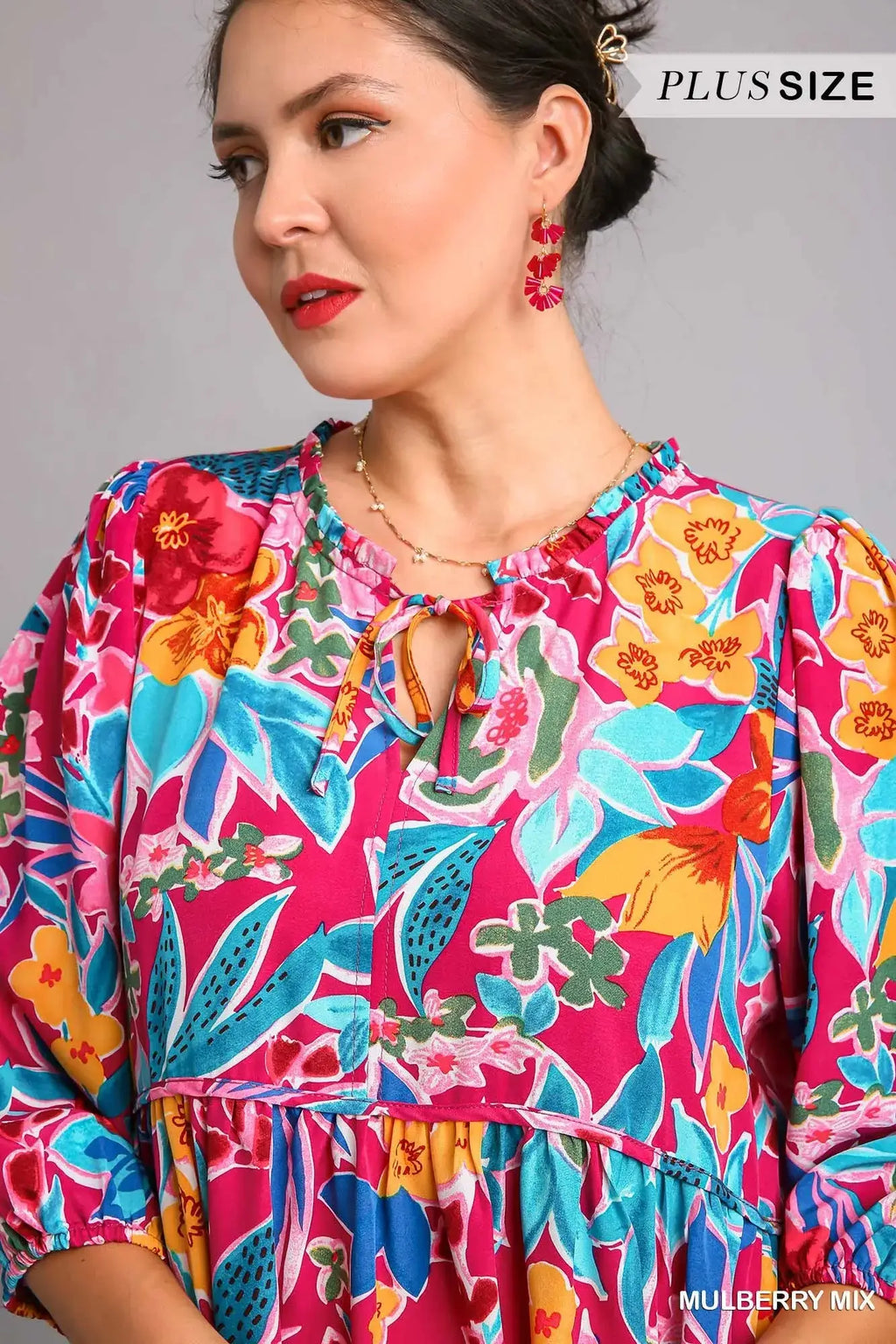 Umgee Full Size Floral Print Tie Neck Midi Dress with Pockets Plus Size