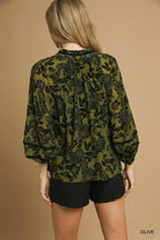 Umgee Full Size Floral Velvet Blouse with Balloon Sleeves Plus Size