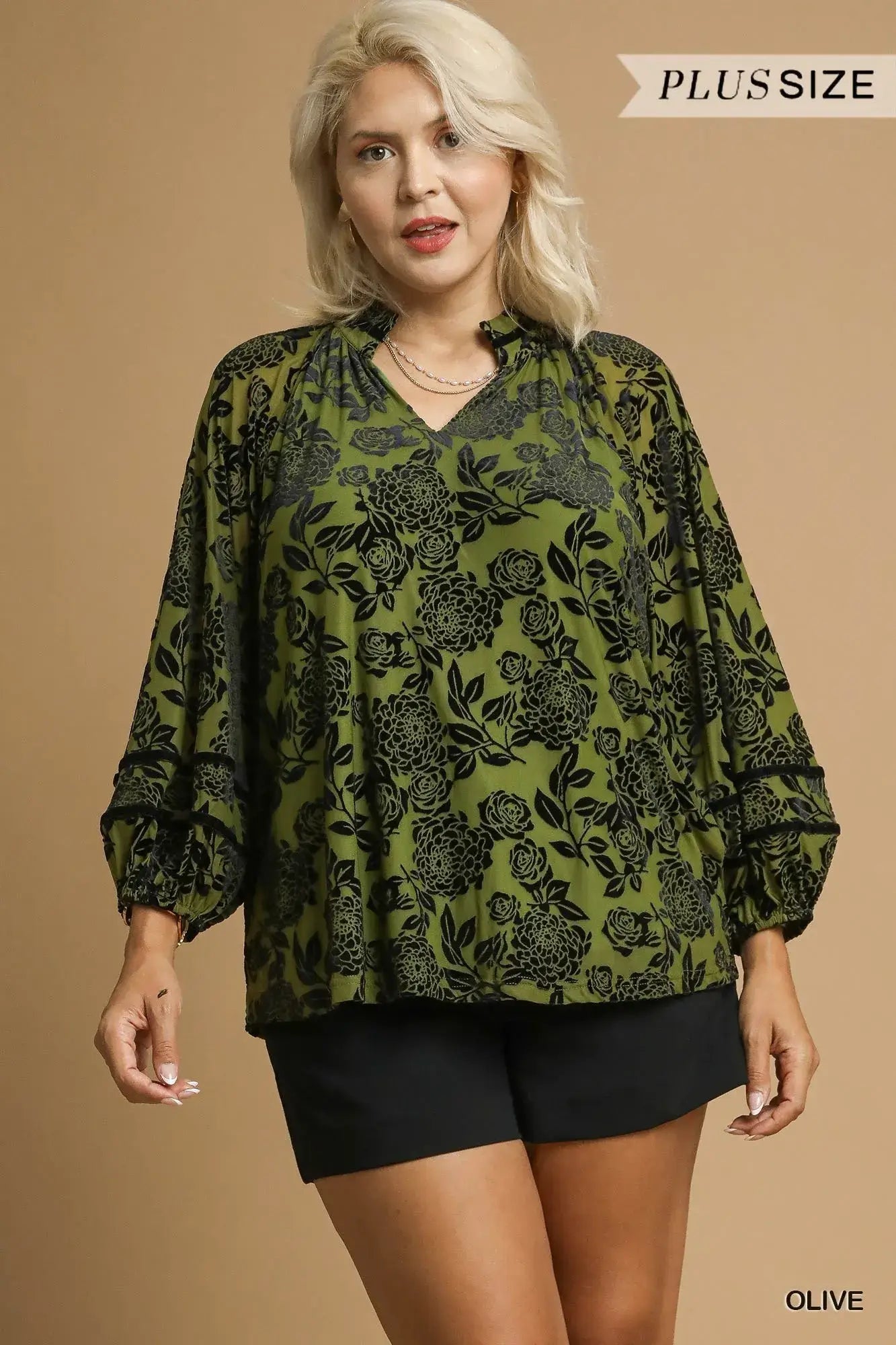 Umgee Full Size Floral Velvet Blouse with Balloon Sleeves Plus Size