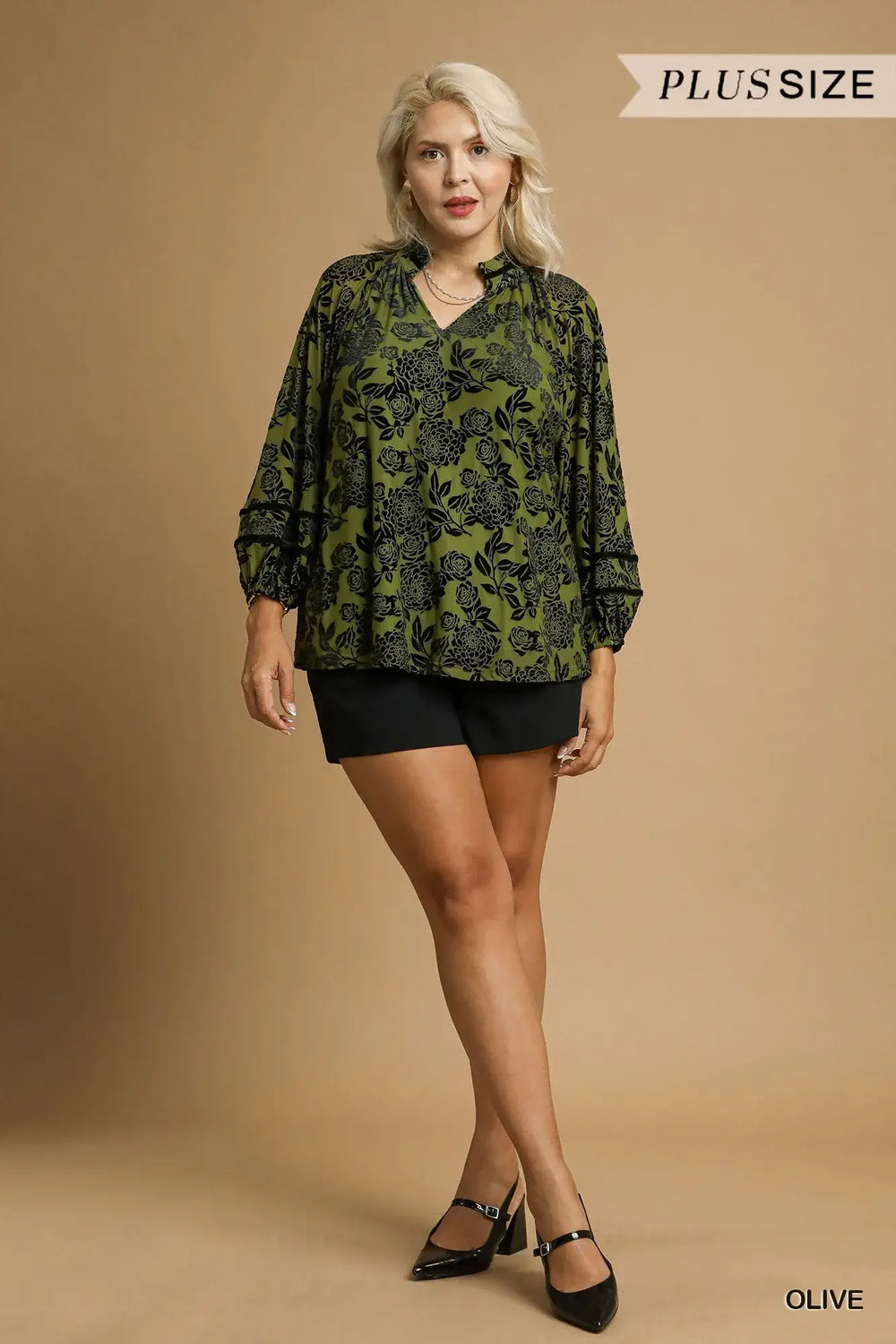 Umgee Full Size Floral Velvet Blouse with Balloon Sleeves Plus Size