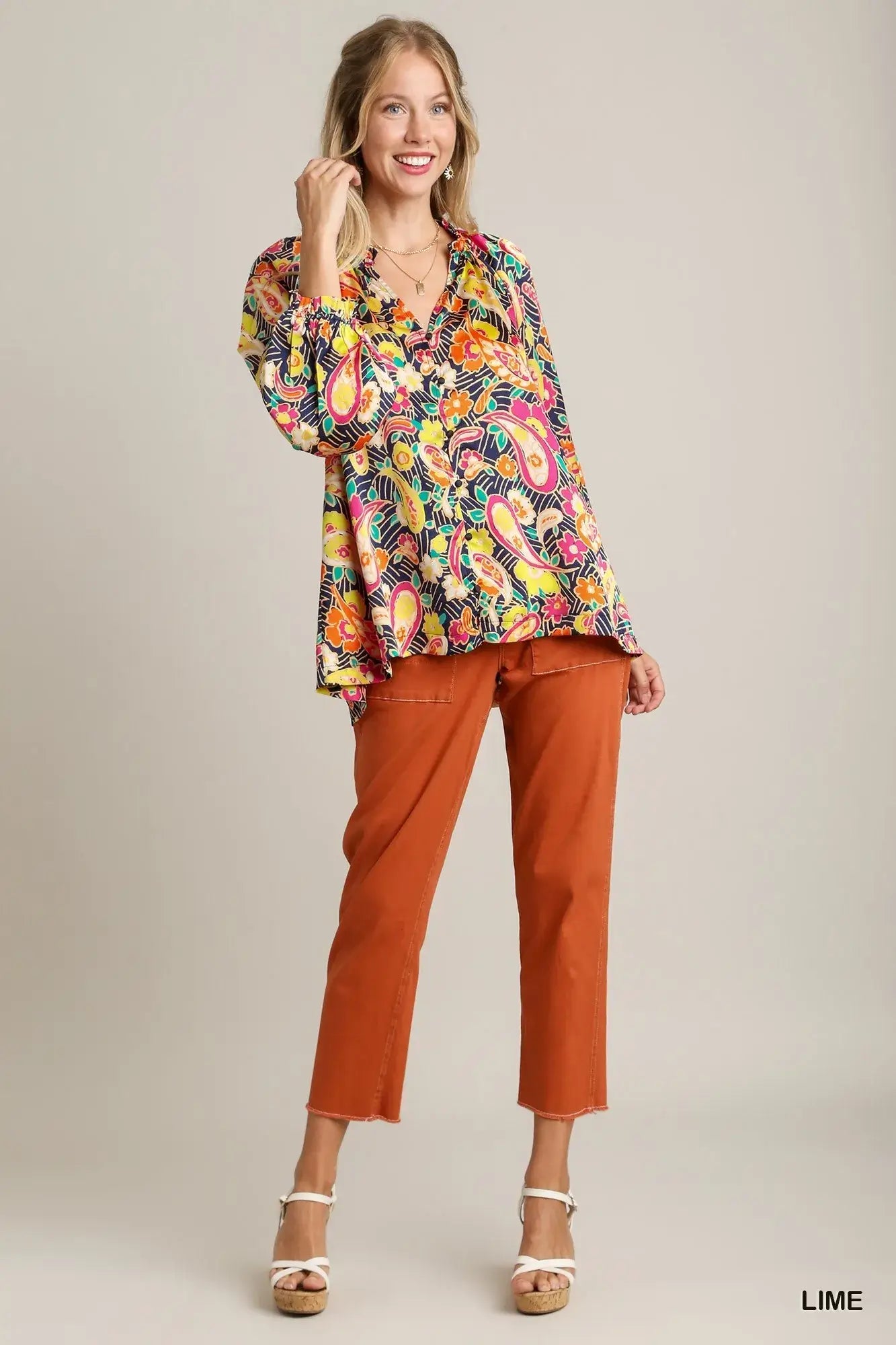 Umgee Full Size Satin Paisley Ruffle Neck Button-Up Shirt Plus Size