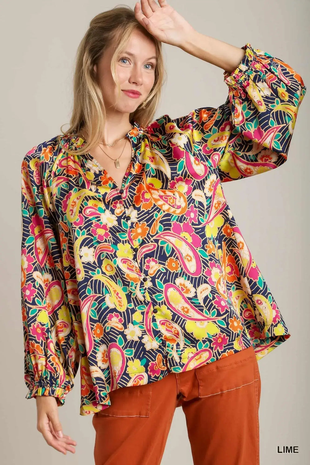 Umgee Full Size Satin Paisley Ruffle Neck Button-Up Shirt Plus Size