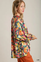 Umgee Full Size Satin Paisley Ruffle Neck Button-Up Shirt Plus Size