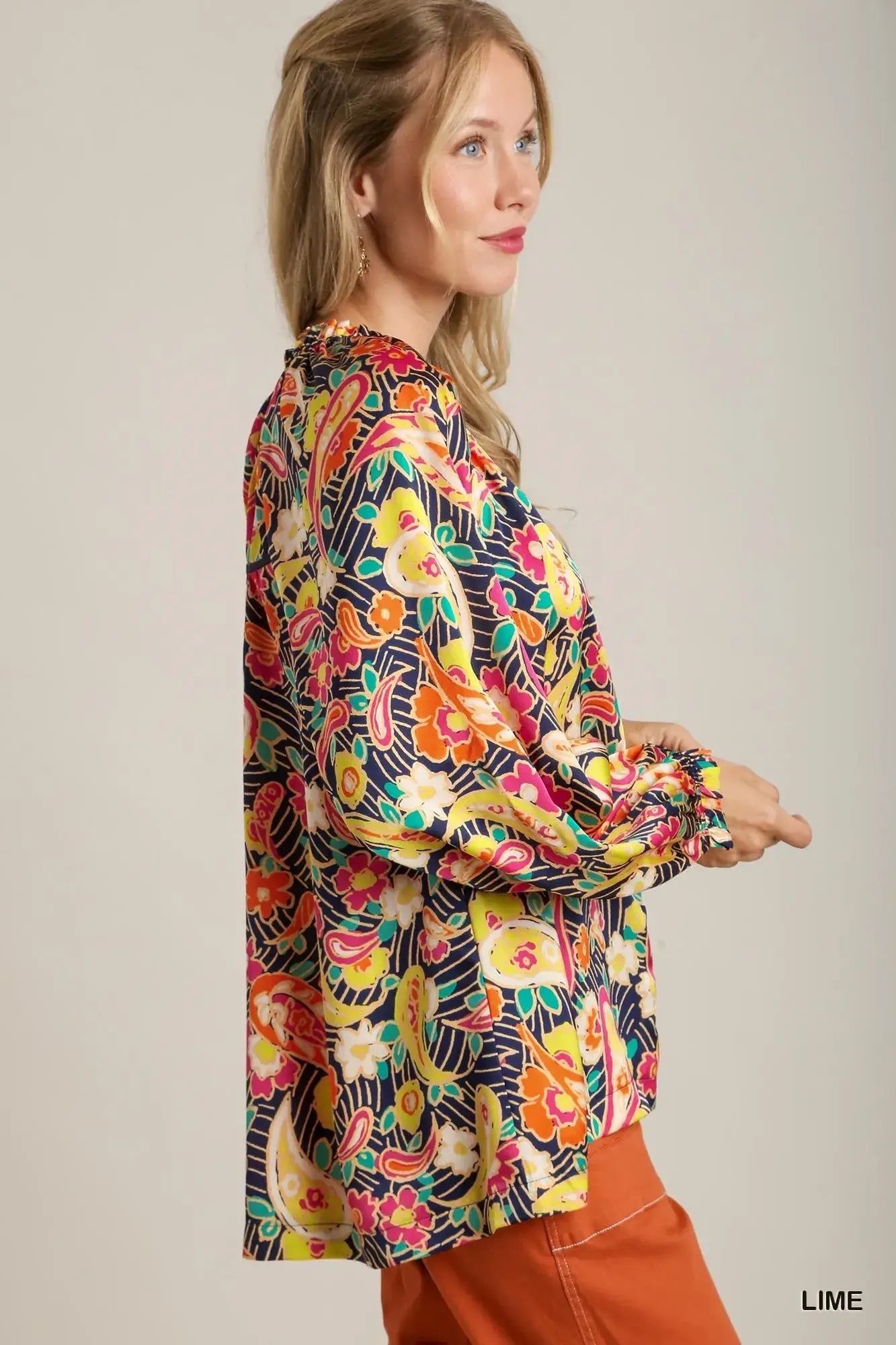 Umgee Full Size Satin Paisley Ruffle Neck Button-Up Shirt Plus Size