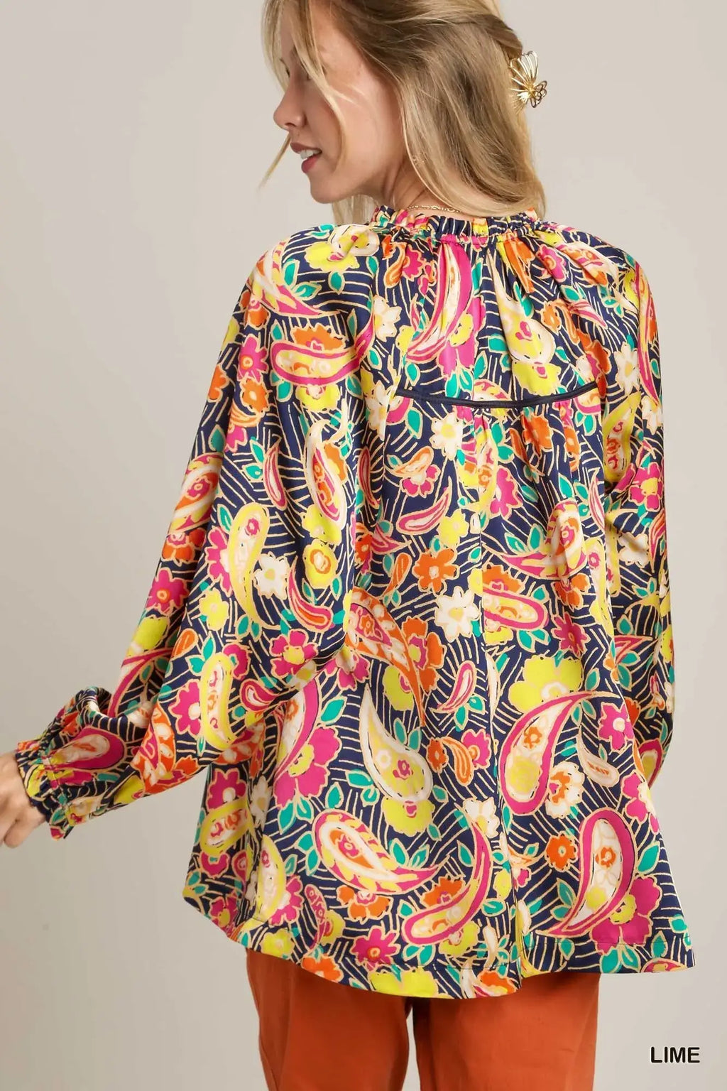 Umgee Full Size Satin Paisley Ruffle Neck Button-Up Shirt Plus Size