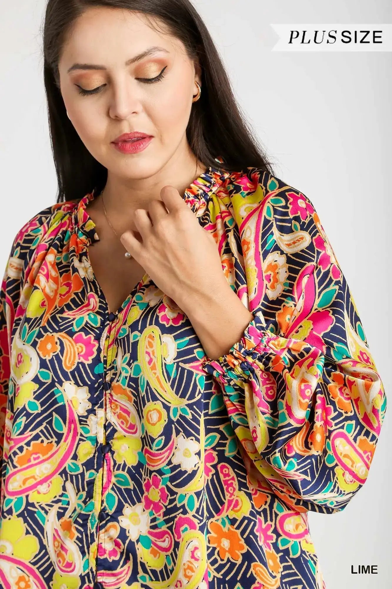 Umgee Full Size Satin Paisley Ruffle Neck Button-Up Shirt Plus Size