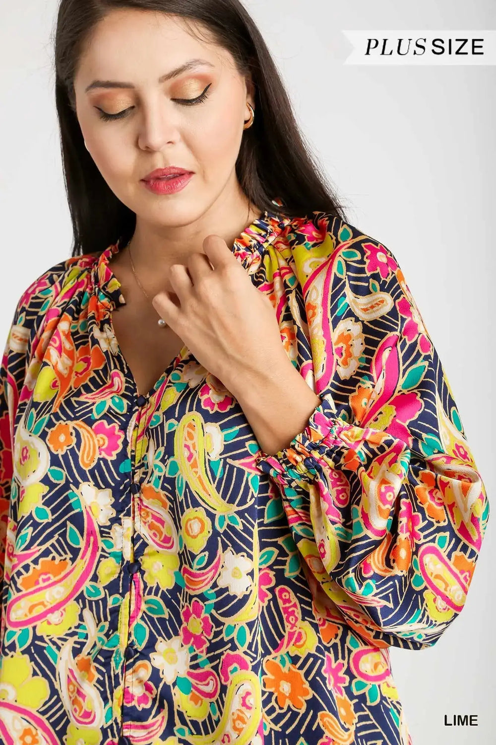 Umgee Full Size Satin Paisley Ruffle Neck Button-Up Shirt Plus Size