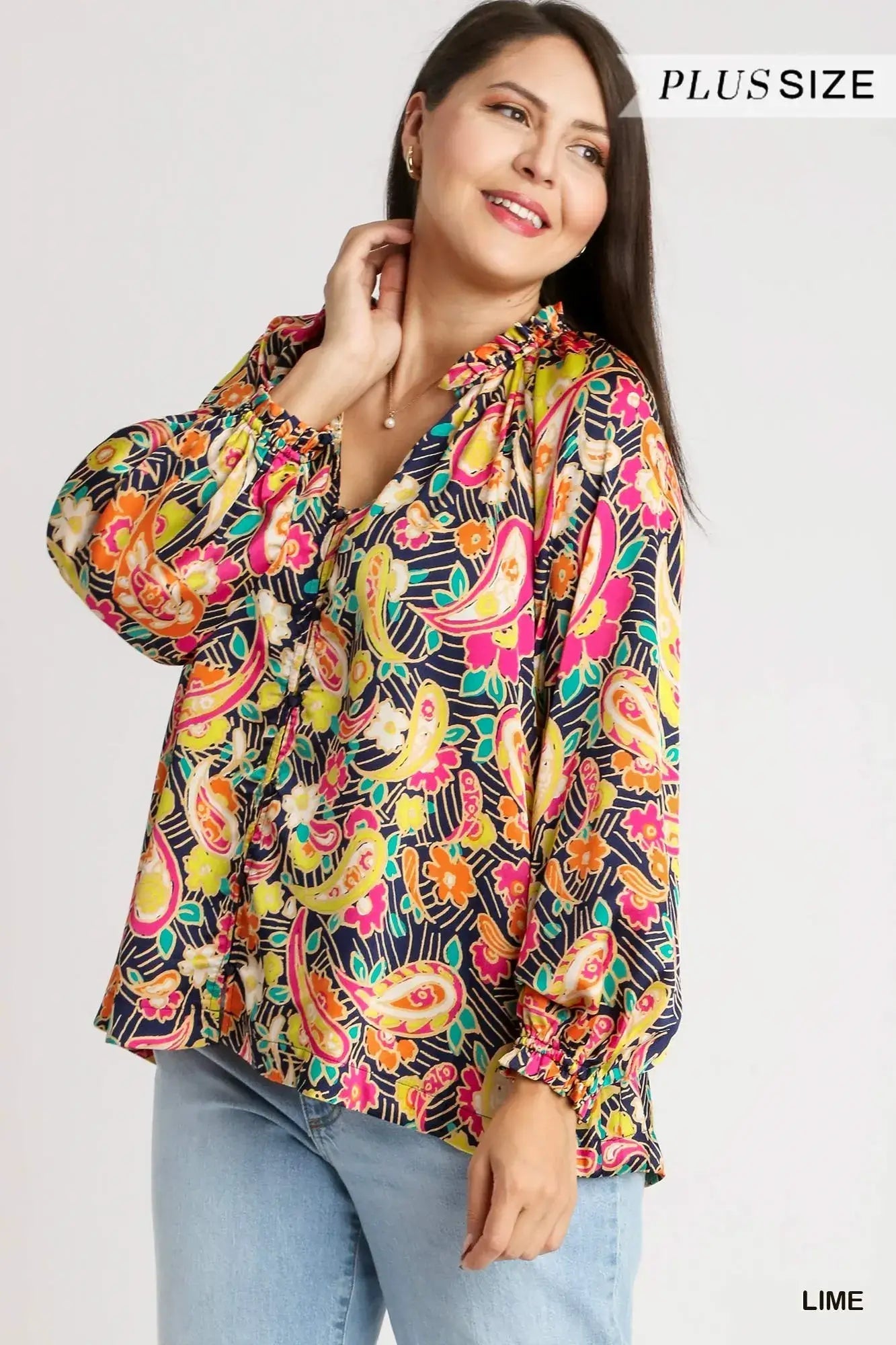 Umgee Full Size Satin Paisley Ruffle Neck Button-Up Shirt Plus Size