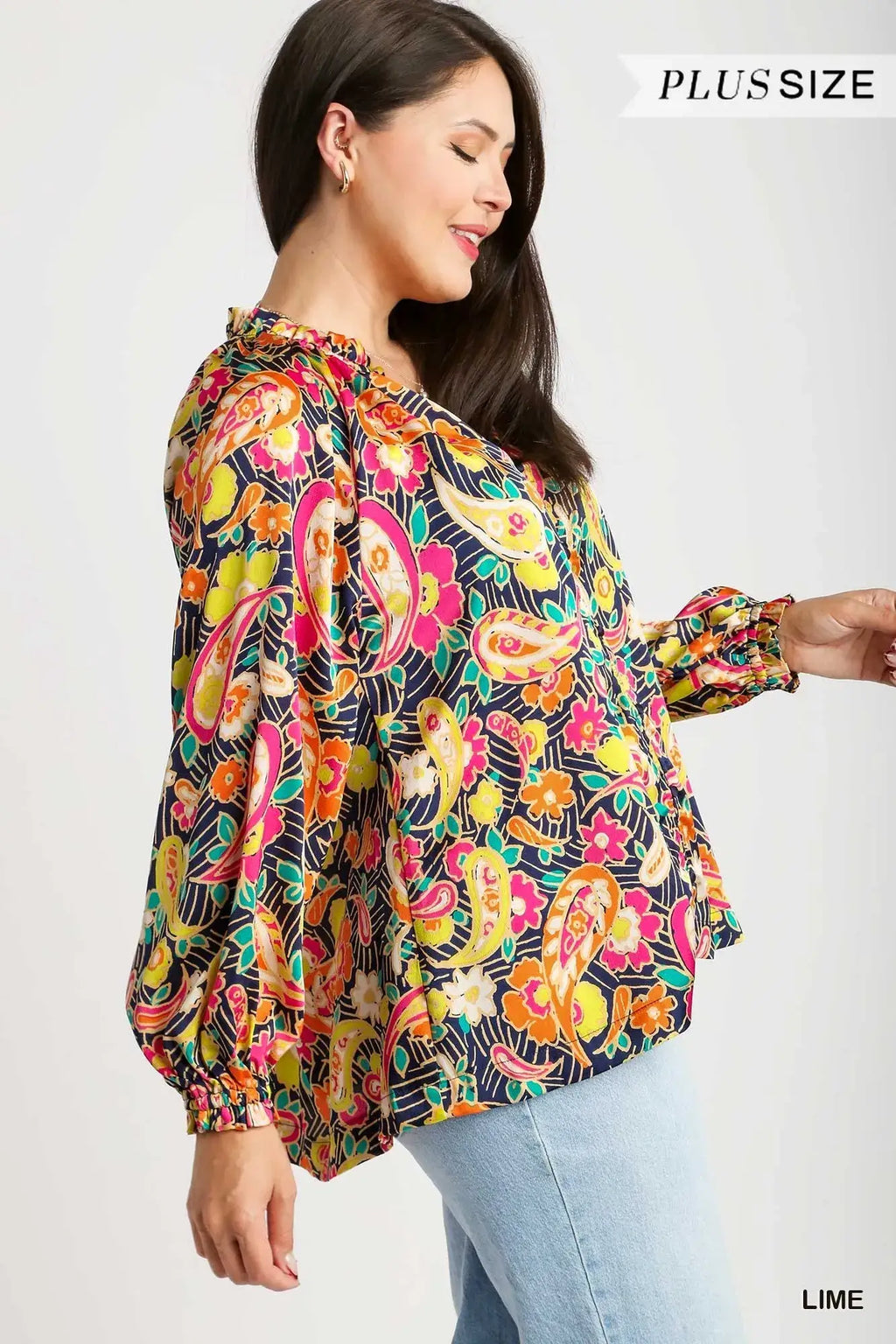 Umgee Full Size Satin Paisley Ruffle Neck Button-Up Shirt Plus Size