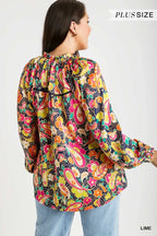 Umgee Full Size Satin Paisley Ruffle Neck Button-Up Shirt Plus Size