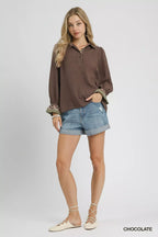 Umgee Half Button Blouse with Leopard Print Trim