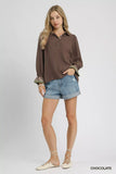 Umgee Half Button Blouse with Leopard Print Trim
