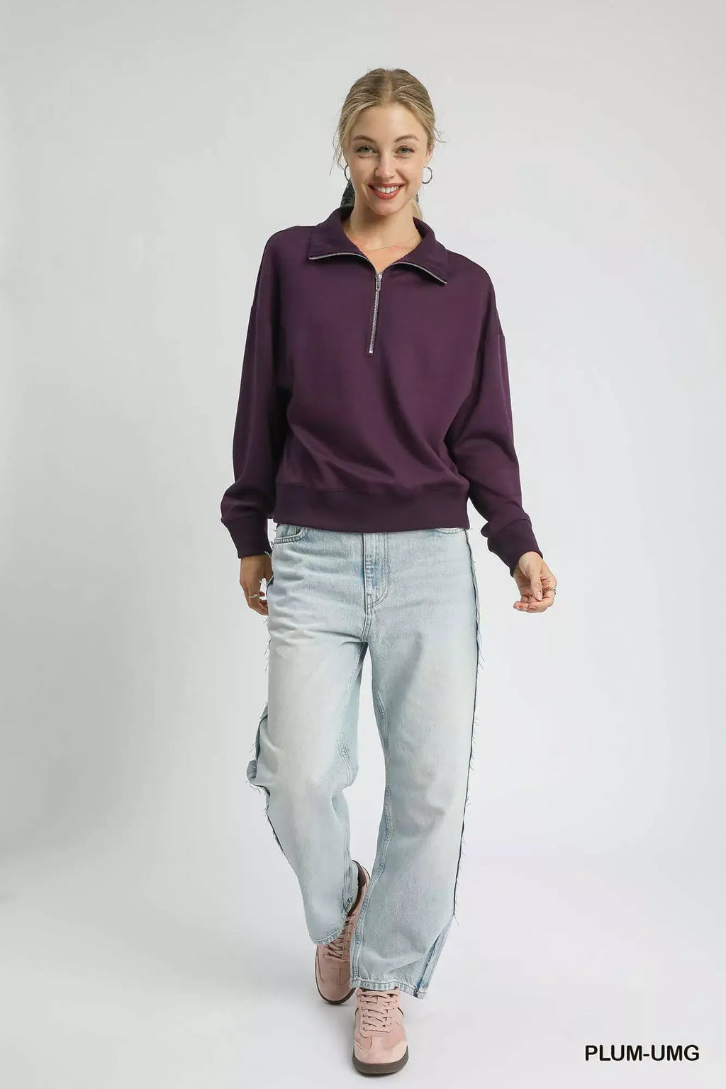 Umgee Half Zip Drop Shoulder Sweatshirt