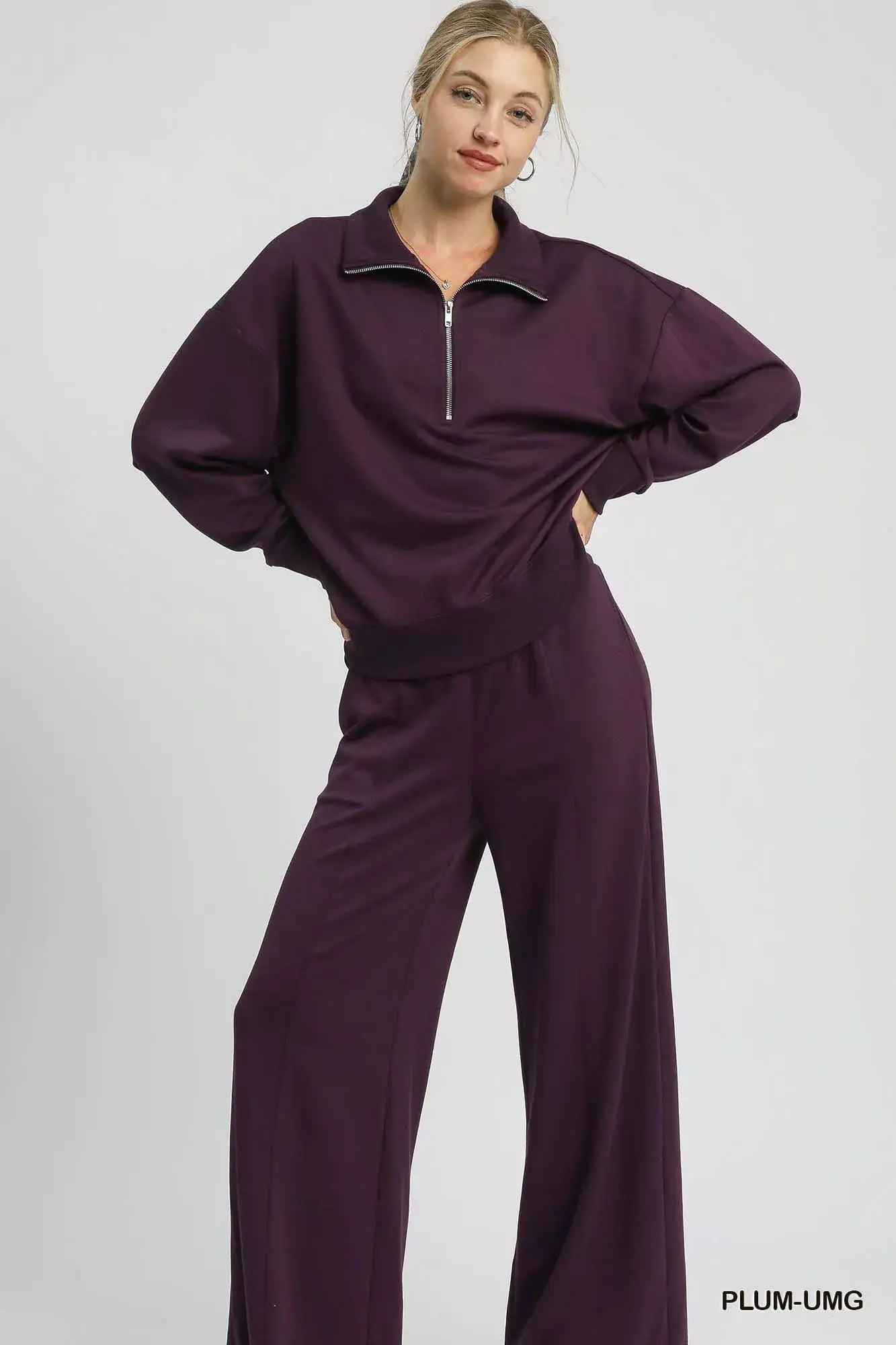 Umgee Half Zip Drop Shoulder Sweatshirt