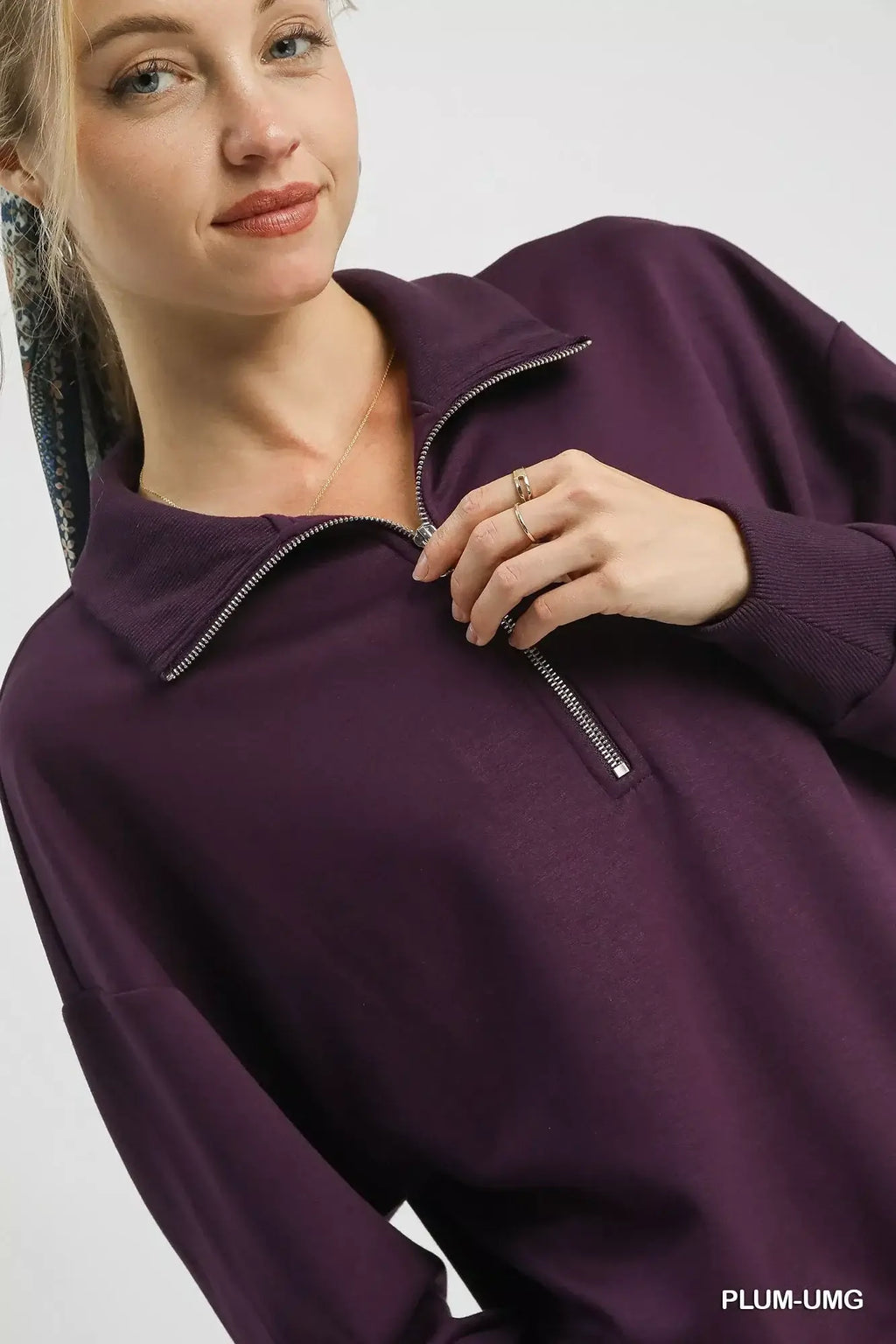 Umgee Half Zip Drop Shoulder Sweatshirt