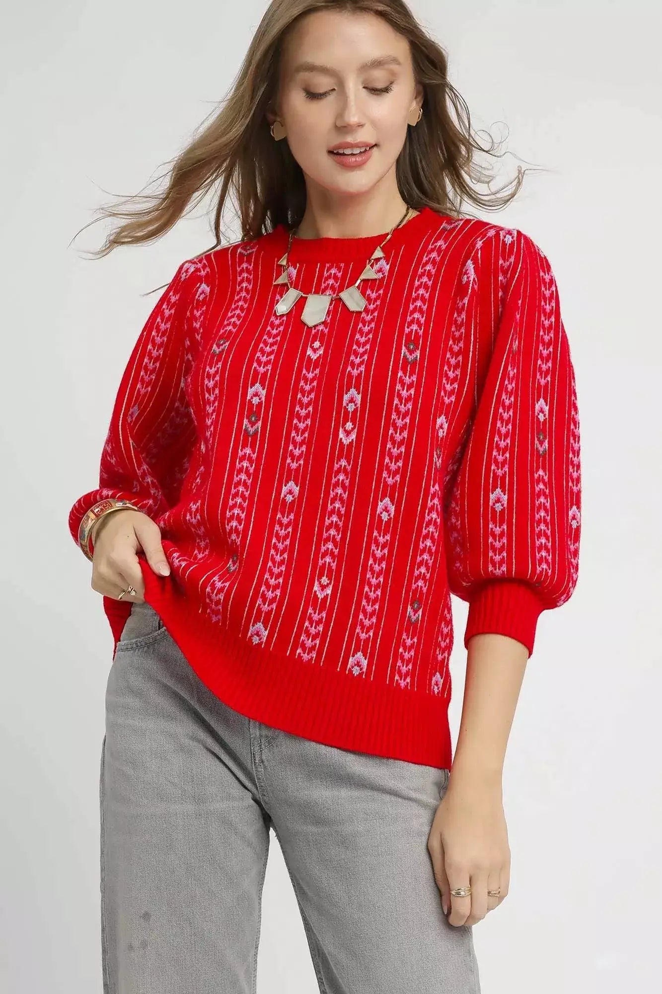 Umgee Jacquard Knit Puff Sleeve Sweater Image principale du produit