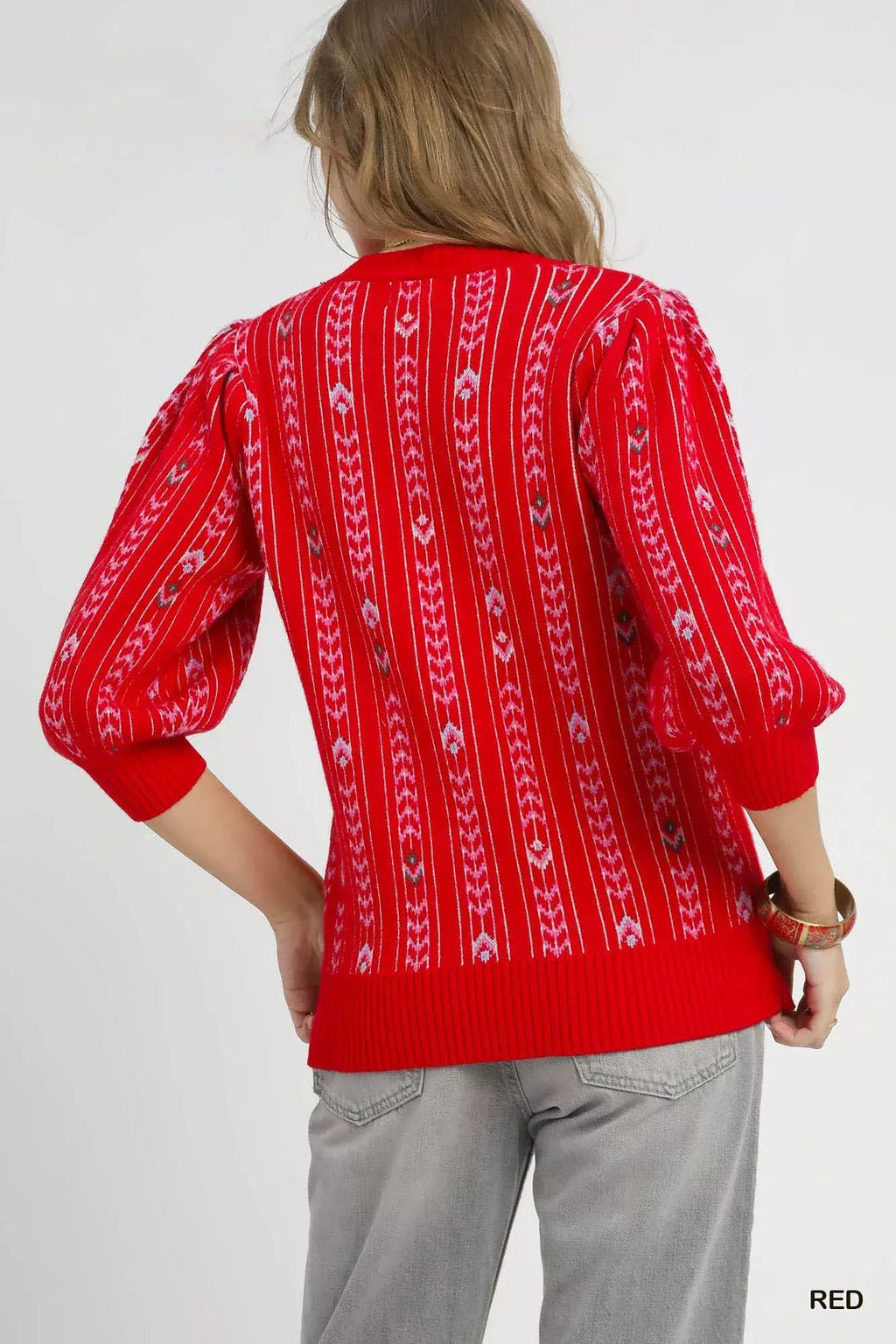 Umgee Jacquard Knit Puff Sleeve Sweater