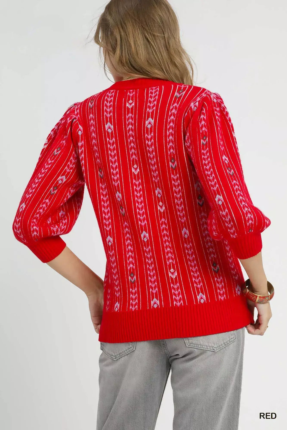 Umgee Jacquard Knit Puff Sleeve Sweater