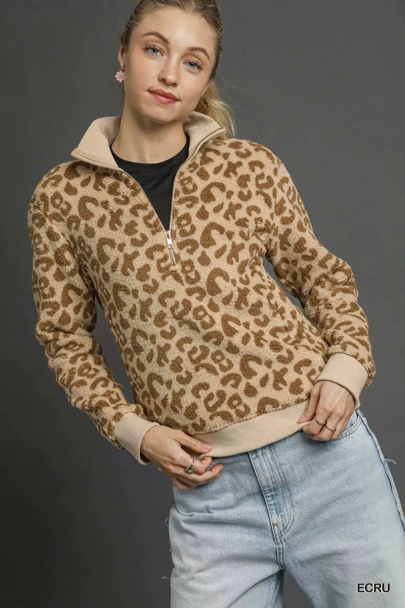 Umgee Leopard Print Quarter-Zip Sweatshirt Image principale du produit
